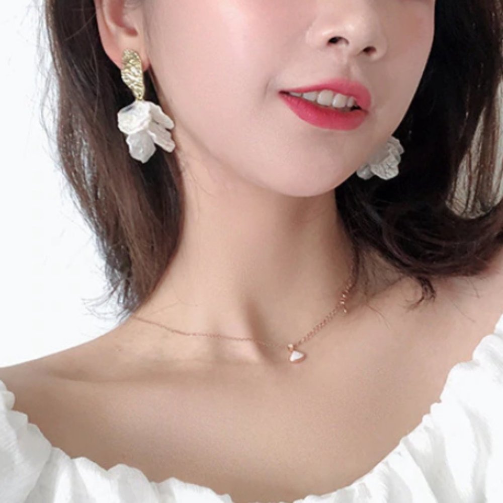 White Shell Flower Petal Drop Earrings - Picture 8 of 9